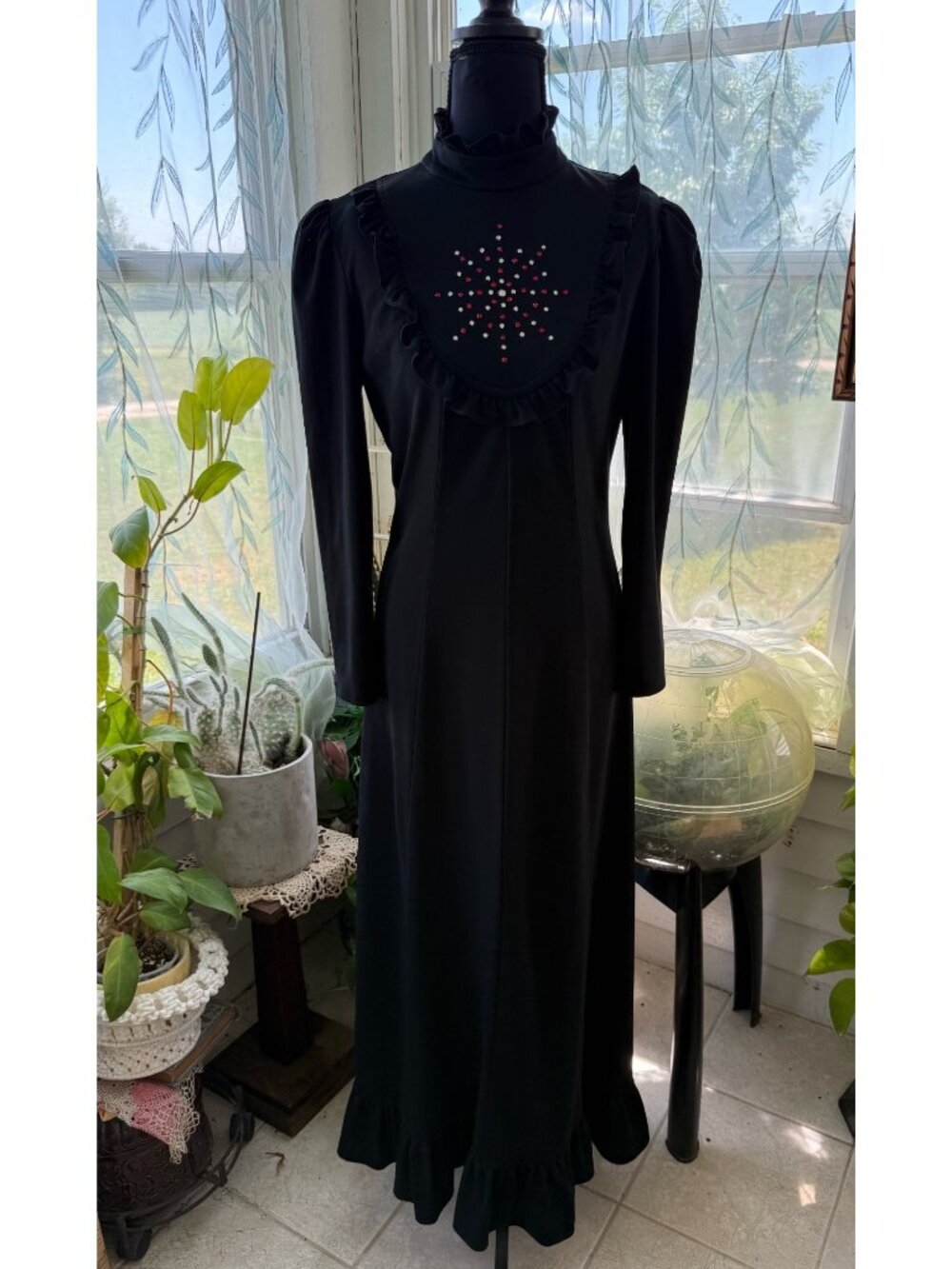 Vintage 70's Black Maxi Gothic Highe Collar Dress Rhinestone Embellished Small